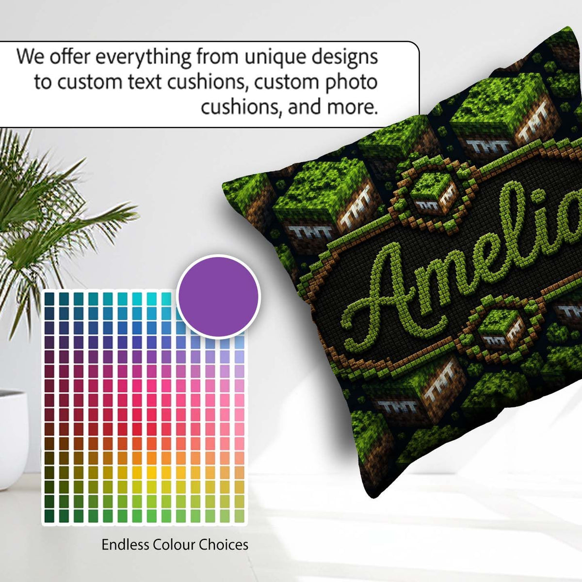 Custom Name Floating Grass Block Night Landscape Seamless Lovely Square Filled Cushion Throw Pillow Sofa Bed Home Decor Zip Washable UK Made