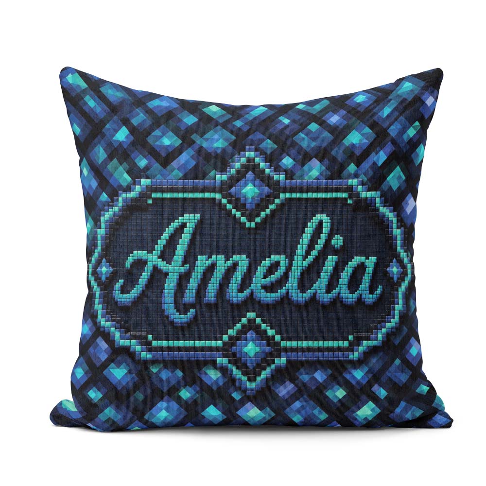 Custom Name Blue Teal Diamond Pixel Abstract Seamless Pattern Square Filled Cushion Throw Pillow Sofa Bed Home Decor Zip Washable UK Made