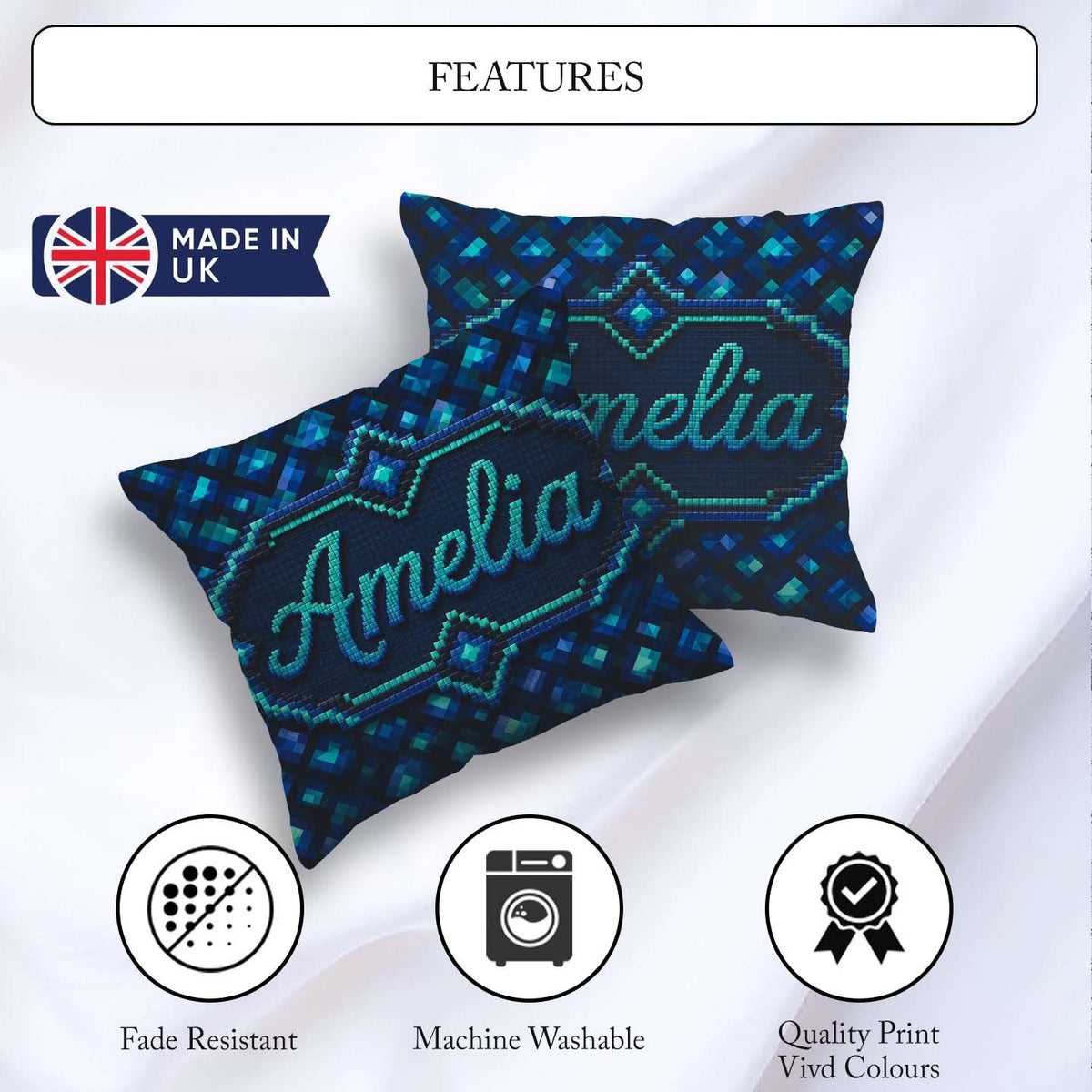 Custom Name Blue Teal Diamond Pixel Abstract Seamless Pattern Square Filled Cushion Throw Pillow Sofa Bed Home Decor Zip Washable UK Made