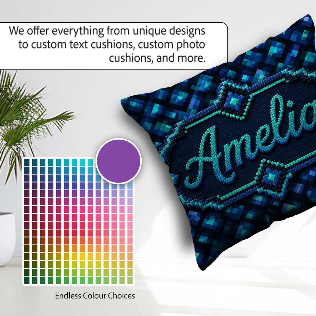 Custom Name Blue Teal Diamond Pixel Abstract Seamless Pattern Square Filled Cushion Throw Pillow Sofa Bed Home Decor Zip Washable UK Made