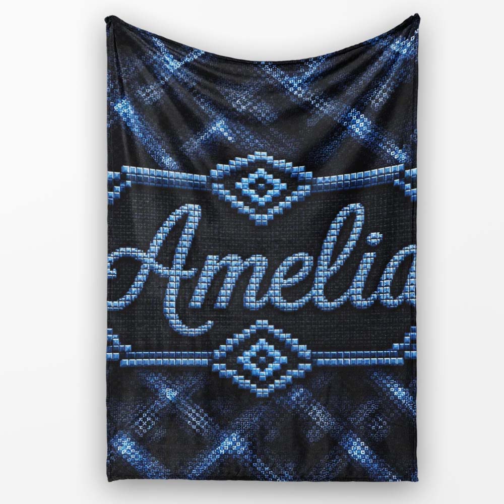 Dark Blue Pixel Texture Abstract Seamless Pattern Cute Unique Gift Personalised Custom Name Super Soft Fleece Blanket Bed Sofa Throw