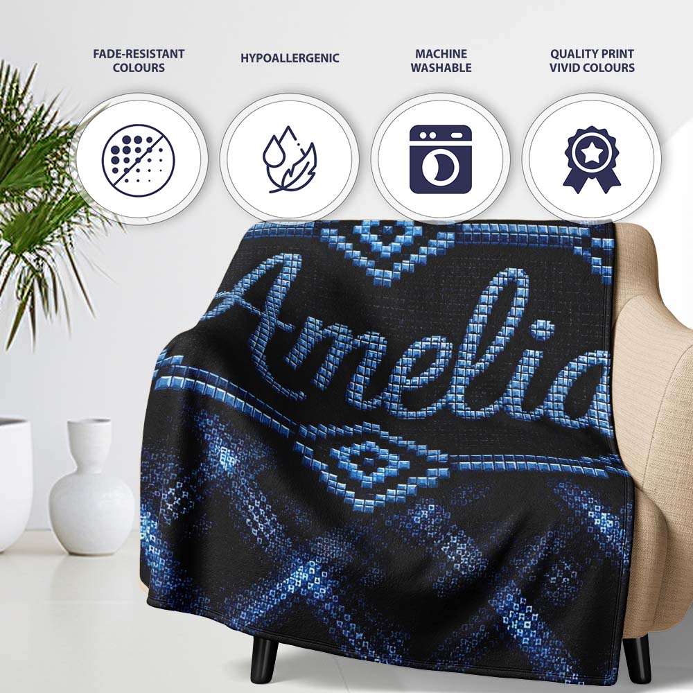 Dark Blue Pixel Texture Abstract Seamless Pattern Cute Unique Gift Personalised Custom Name Super Soft Fleece Blanket Bed Sofa Throw