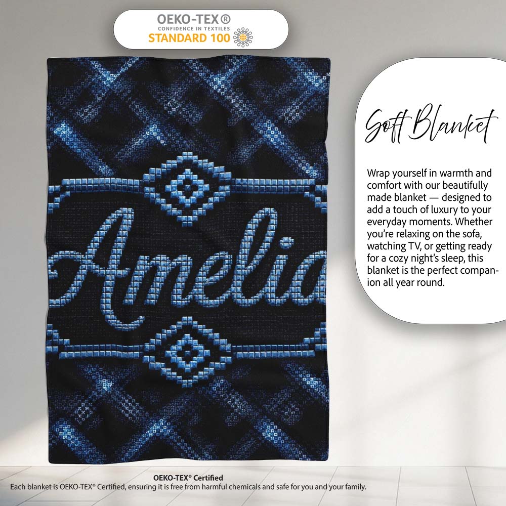 Dark Blue Pixel Texture Abstract Seamless Pattern Cute Unique Gift Personalised Custom Name Super Soft Fleece Blanket Bed Sofa Throw