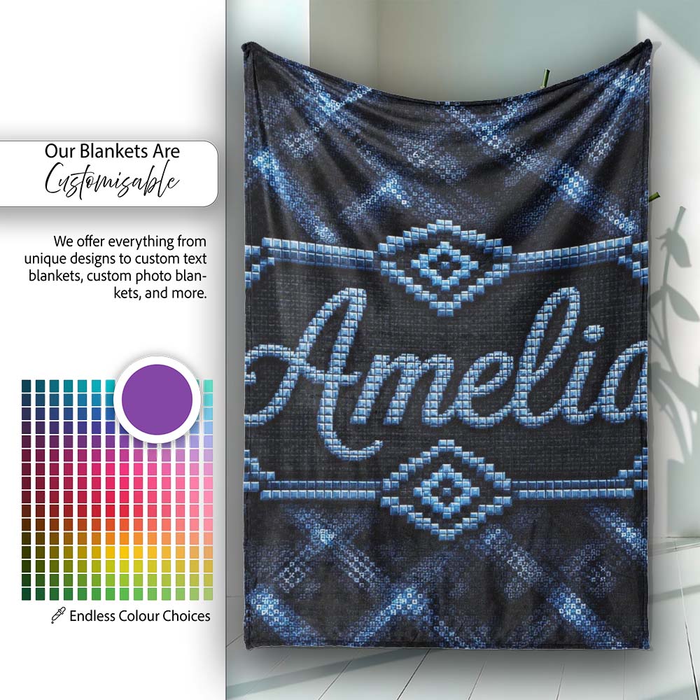 Dark Blue Pixel Texture Abstract Seamless Pattern Cute Unique Gift Personalised Custom Name Super Soft Fleece Blanket Bed Sofa Throw
