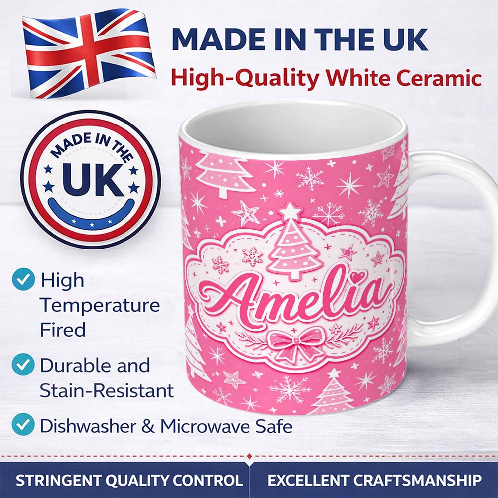 Personalized Custom Name Pink Christmas Trees Snowflake Star Seamless Pattern Lovely 11oz Ceramic Coffee Tea Mug White Large Handle
