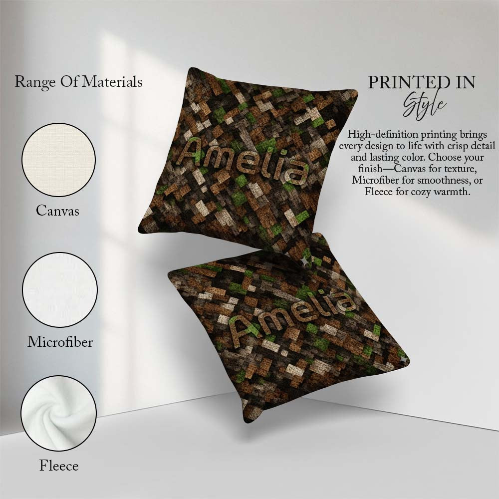 Custom Name Brown Green Camouflage Pixel Abstract Pattern Lovely Square Filled Cushion Throw Pillow Sofa Bed Home Decor Zip Washable UK Made