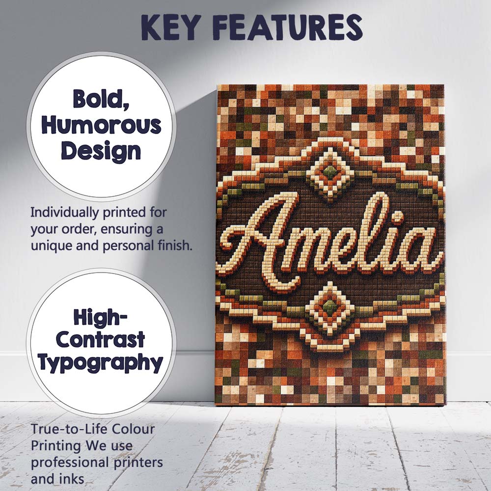 Personalised Name Earth Tone Pixel Mosaic Custom Unique Gift Idea Elegant Feature Canvas Wall Art Print Decor Picture Ready to Hang