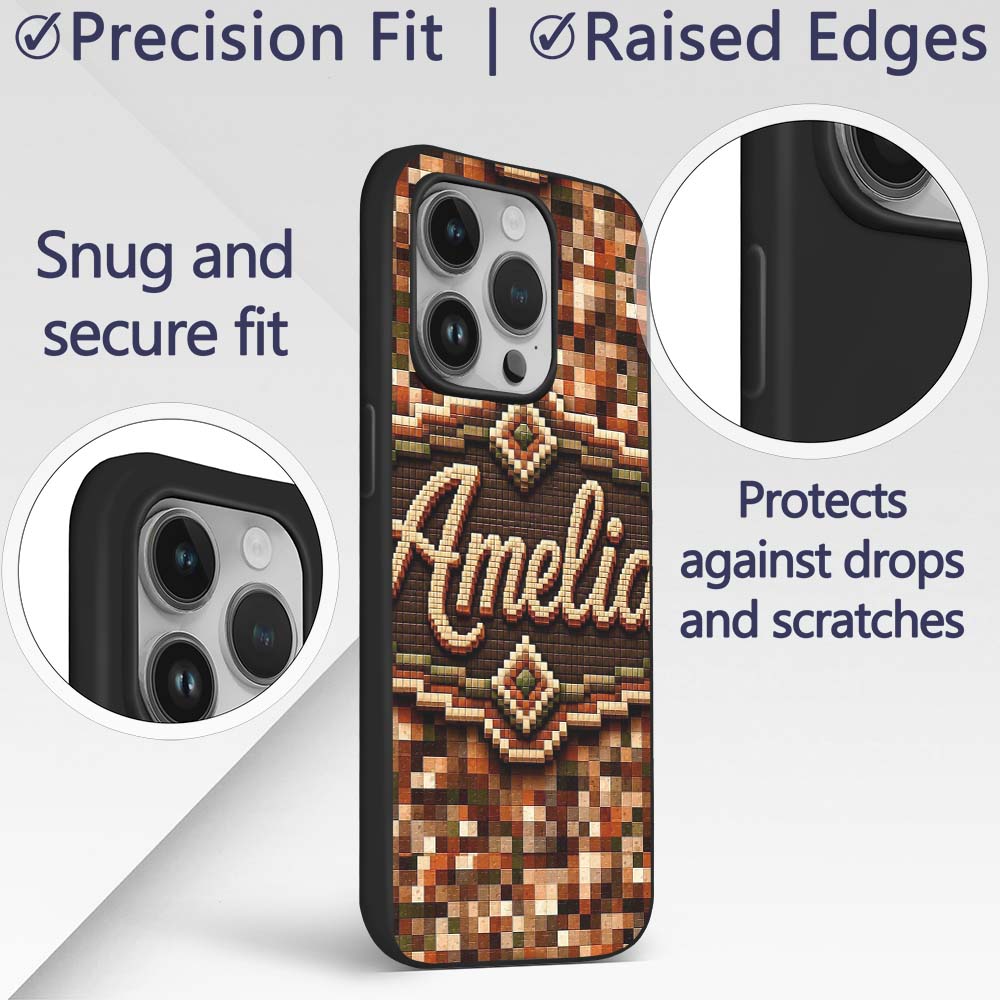 Earth Tone Pixel Mosaic Abstract Seamless Pattern Custom Name Protective Phone Case Mobile Cover Durable Everyday Smartphone Shock Resistant