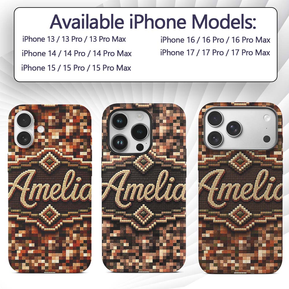 Earth Tone Pixel Mosaic Abstract Seamless Pattern Custom Name Protective Phone Case Mobile Cover Durable Everyday Smartphone Shock Resistant