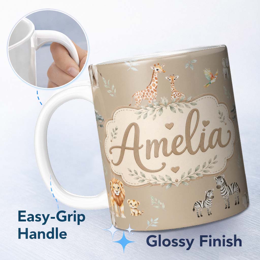 Personalized Custom Name Cute Safari Animals Giraffe Lion Zebra Parrot Seamless Pattern Beige 11oz Ceramic Coffee Tea Mug White Large Handle