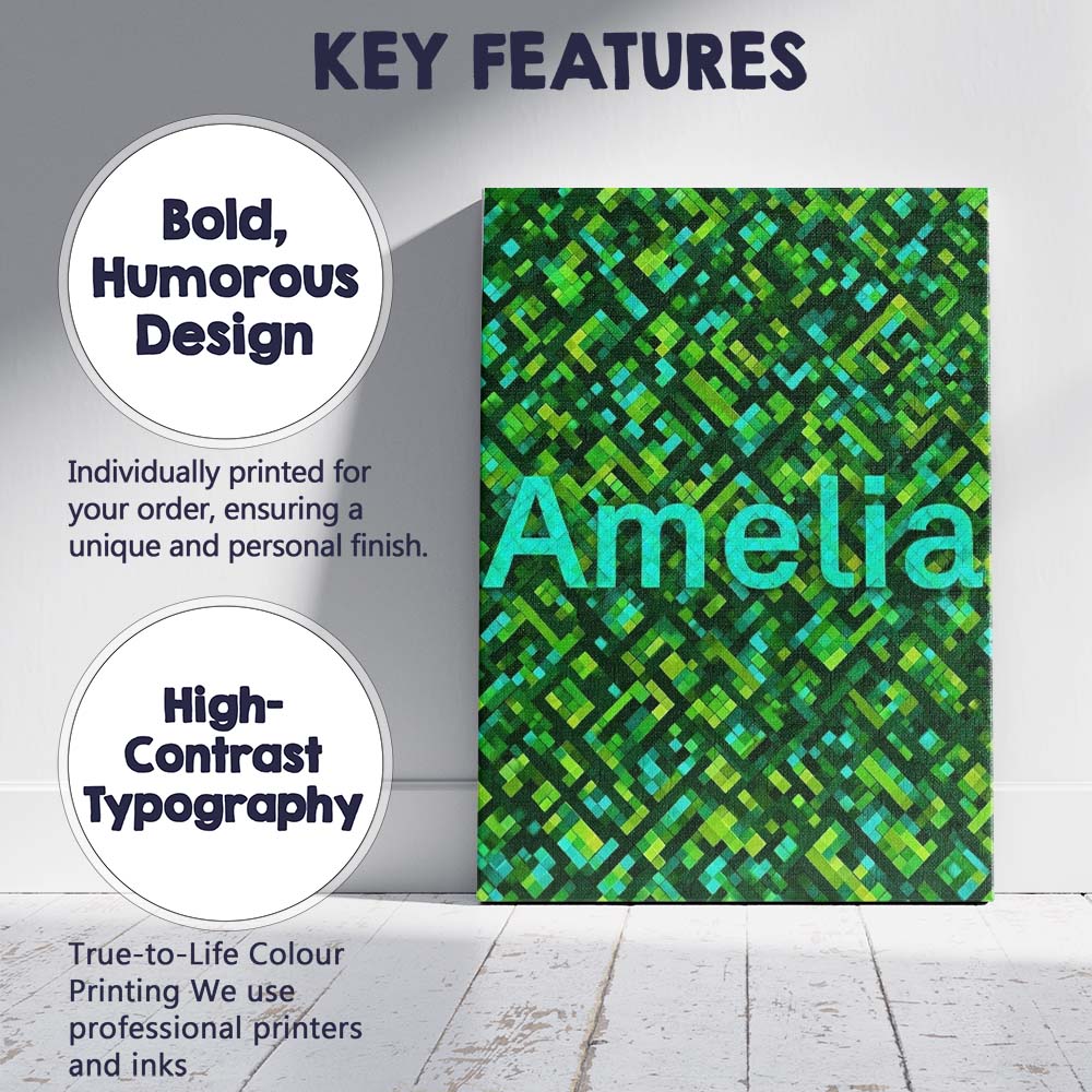 Personalised Name Green Pixel Geometric Custom Modern Room Accent Elegant Feature Canvas Wall Art Print Decor Picture Ready to Hang