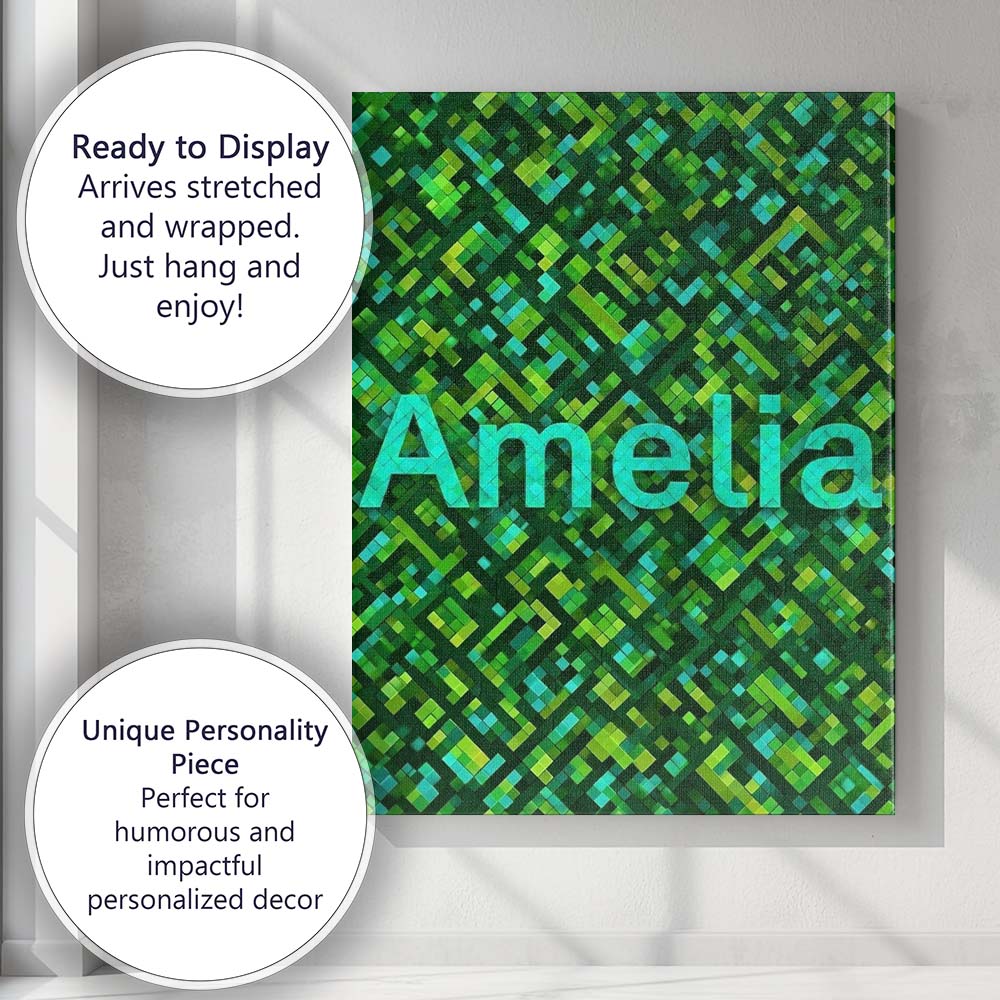 Personalised Name Green Pixel Geometric Custom Modern Room Accent Elegant Feature Canvas Wall Art Print Decor Picture Ready to Hang