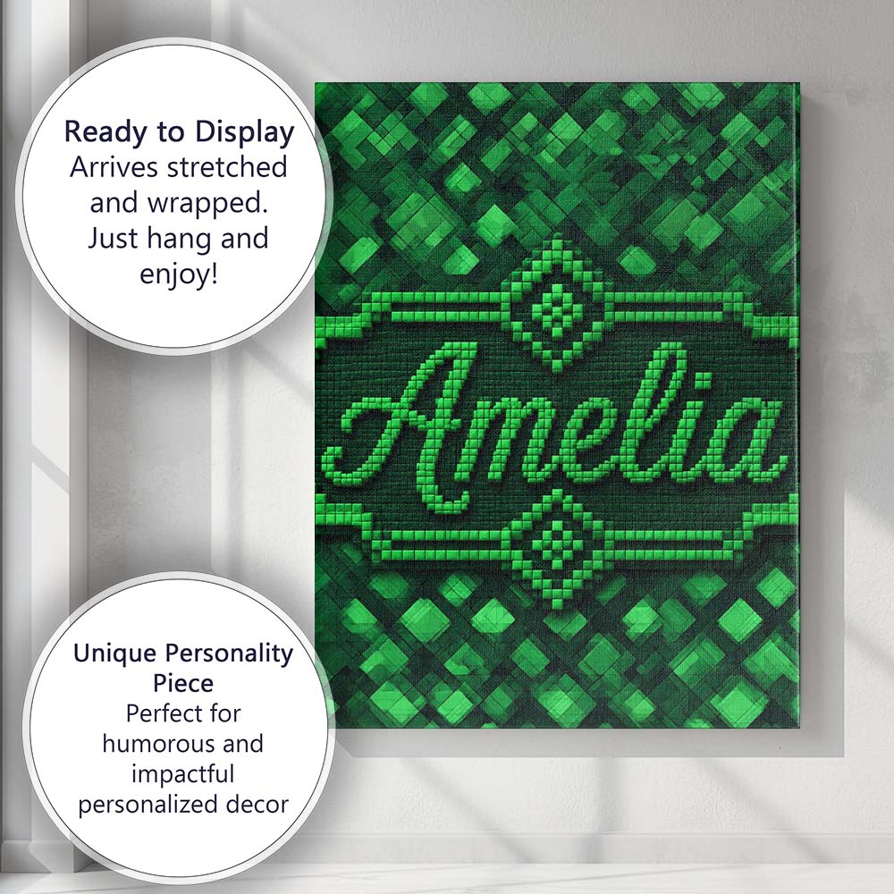 Personalised Name Layered Green Square Custom Modern Room Accent Elegant Feature Canvas Wall Art Print Decor Picture Ready to Hang