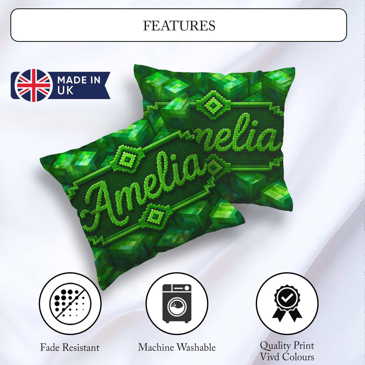Custom Name Green 3D Cube Block Abstract Seamless Pattern Coffee Square Filled Cushion Throw Pillow Sofa Bed Home Decor Zip Washable UK Made