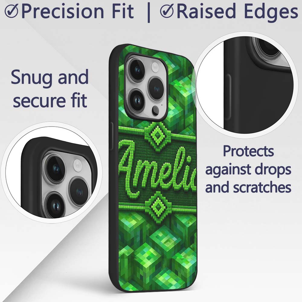 Green 3D Cube Block Abstract Seamless Pattern Custom Name Protective Phone Case Mobile Cover Durable Everyday Smartphone Shock Resistant