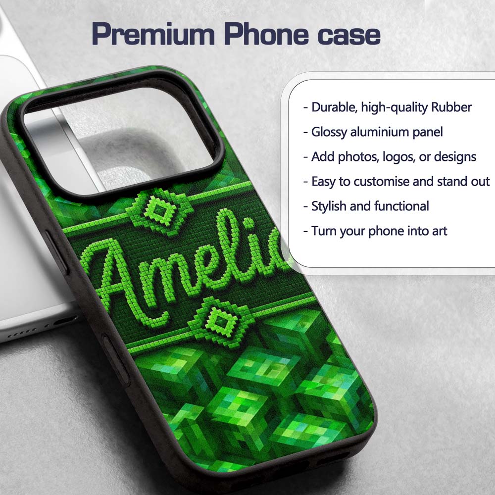 Green 3D Cube Block Abstract Seamless Pattern Custom Name Protective Phone Case Mobile Cover Durable Everyday Smartphone Shock Resistant