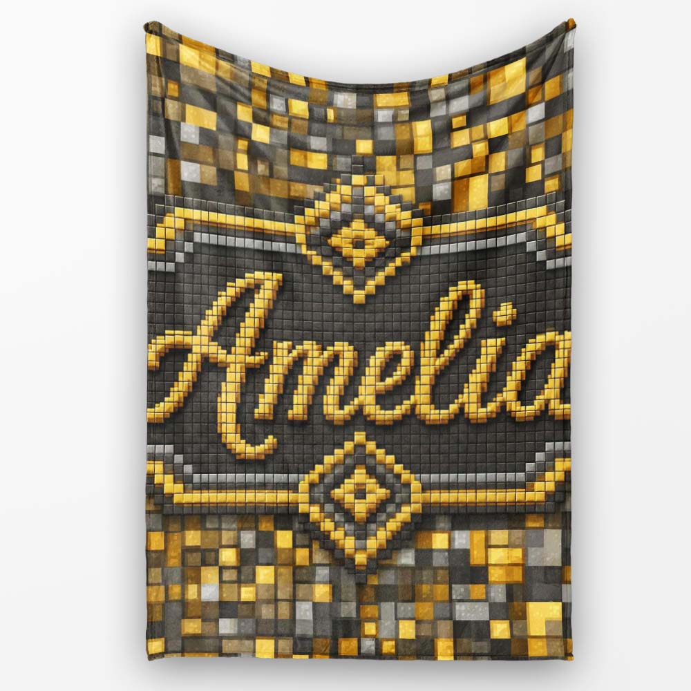 Golden Grey Pixel Mosaic Abstract Seamless Pattern Cute Unique Gift Personalised Custom Name Super Soft Fleece Blanket Bed Sofa Throw