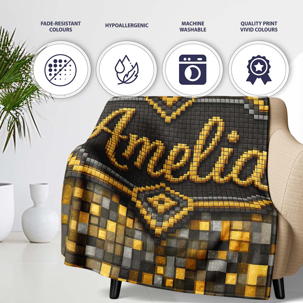 Golden Grey Pixel Mosaic Abstract Seamless Pattern Cute Unique Gift Personalised Custom Name Super Soft Fleece Blanket Bed Sofa Throw