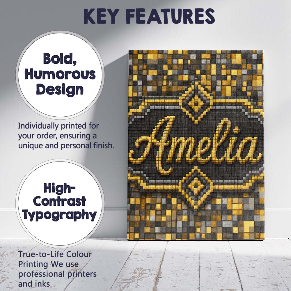 Personalised Name Golden Grey Pixel Mosaic Custom Unique Gift Idea Elegant Feature Canvas Wall Art Print Decor Picture Ready to Hang
