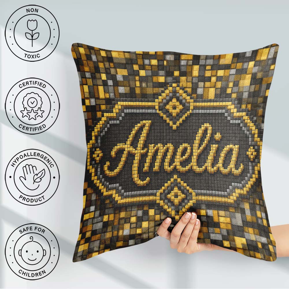 Custom Name Golden Grey Pixel Mosaic Abstract Seamless Pattern Square Filled Cushion Throw Pillow Sofa Bed Home Decor Zip Washable UK Made