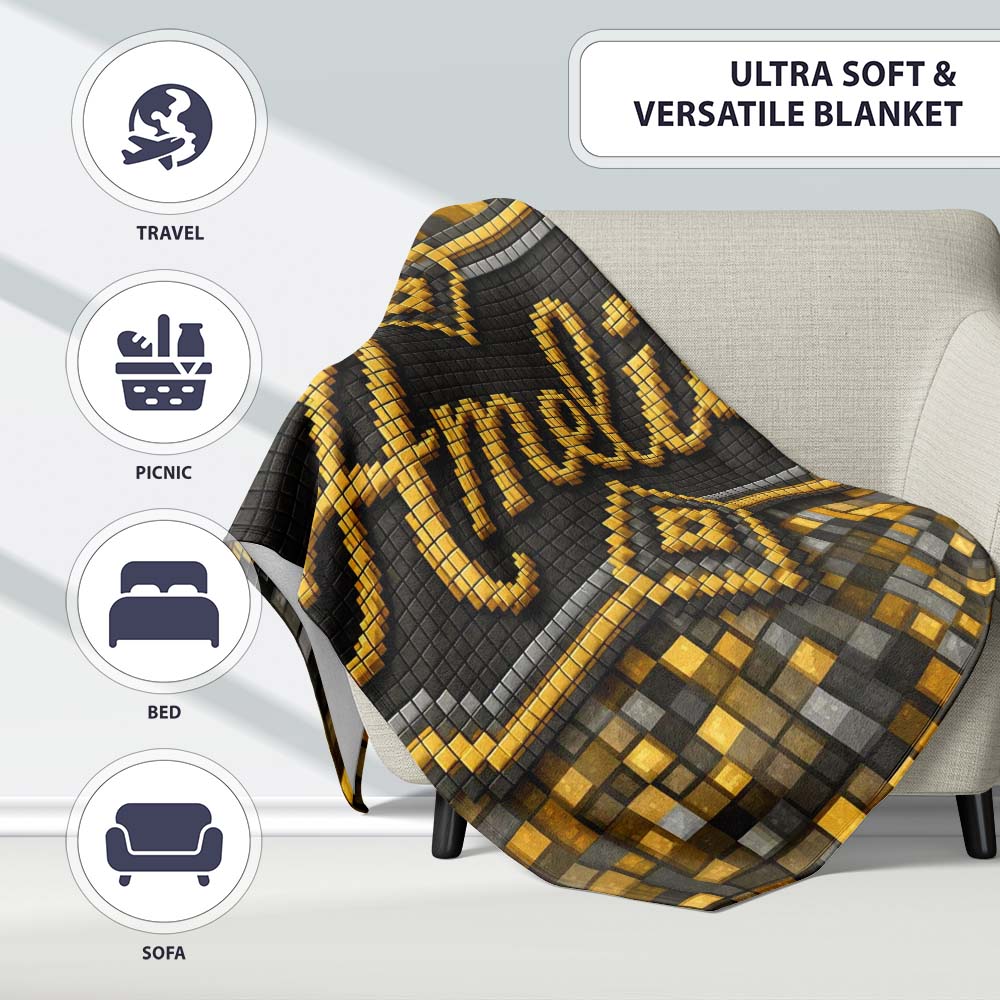 Golden Grey Pixel Mosaic Abstract Seamless Pattern Cute Unique Gift Personalised Custom Name Super Soft Fleece Blanket Bed Sofa Throw