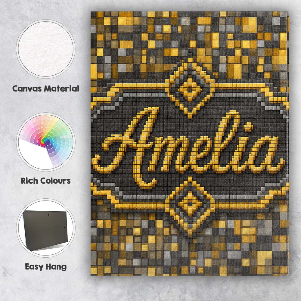Personalised Name Golden Grey Pixel Mosaic Custom Unique Gift Idea Elegant Feature Canvas Wall Art Print Decor Picture Ready to Hang