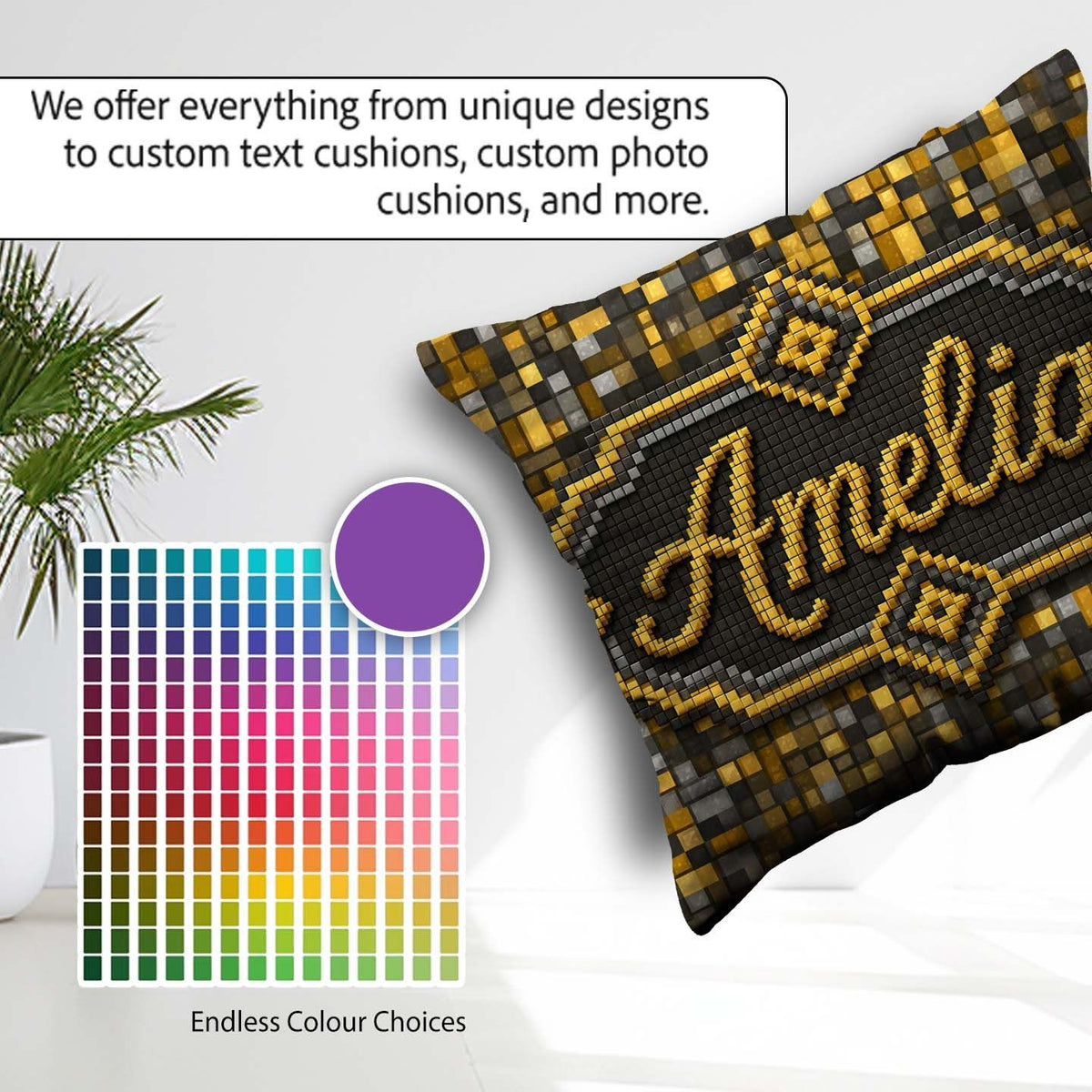 Custom Name Golden Grey Pixel Mosaic Abstract Seamless Pattern Square Filled Cushion Throw Pillow Sofa Bed Home Decor Zip Washable UK Made