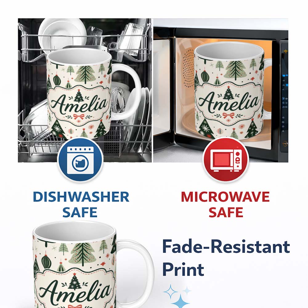 Personalized Custom Name Vintage Style Christmas Trees Ornaments Snowflakes Festive Seamless 11oz Ceramic Coffee Tea Mug White Large Handle