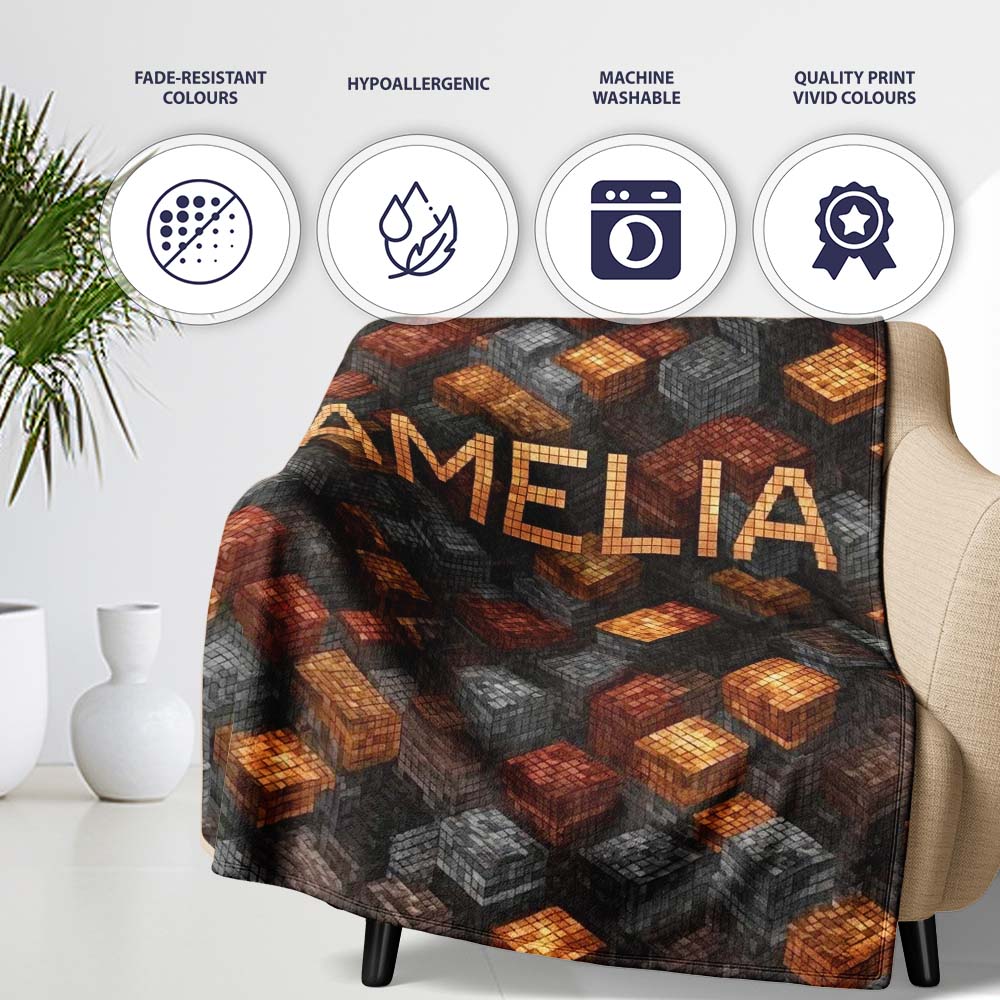 Rust Grey Pixel Cube Grid Abstract Seamless Pattern Cute Unique Gift Personalised Custom Name Super Soft Fleece Blanket Bed Sofa Throw