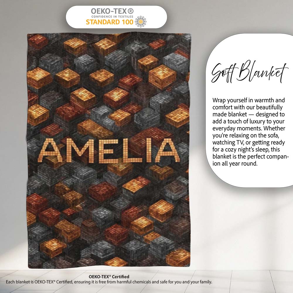 Rust Grey Pixel Cube Grid Abstract Seamless Pattern Cute Unique Gift Personalised Custom Name Super Soft Fleece Blanket Bed Sofa Throw