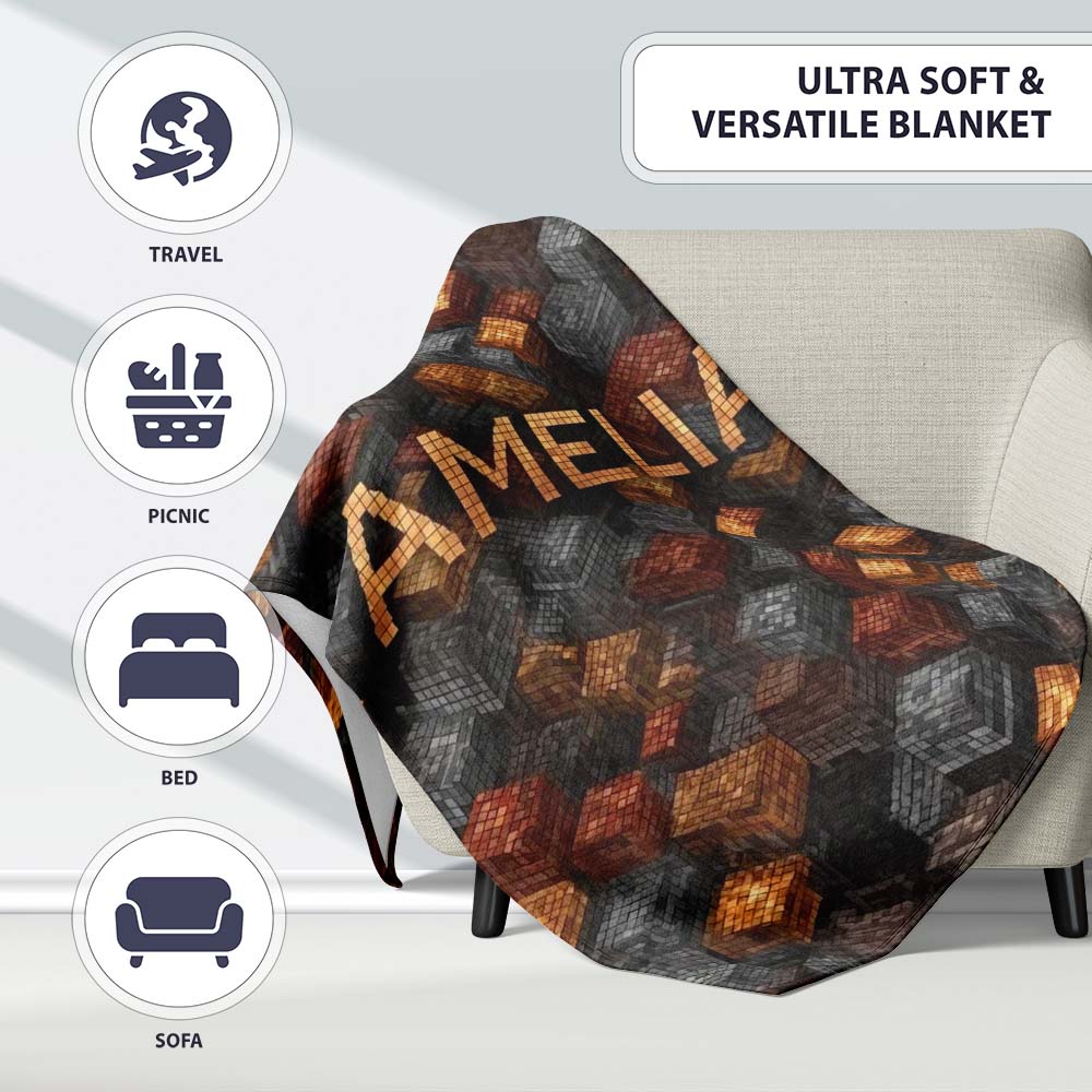 Rust Grey Pixel Cube Grid Abstract Seamless Pattern Cute Unique Gift Personalised Custom Name Super Soft Fleece Blanket Bed Sofa Throw