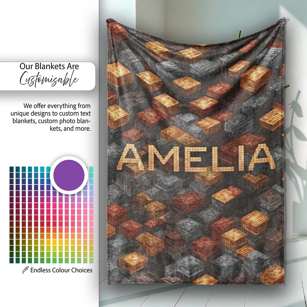 Rust Grey Pixel Cube Grid Abstract Seamless Pattern Cute Unique Gift Personalised Custom Name Super Soft Fleece Blanket Bed Sofa Throw