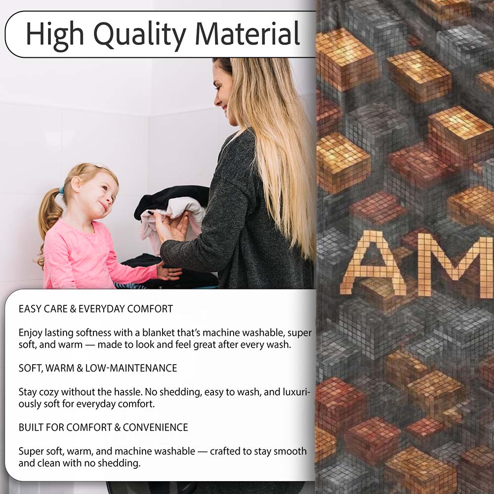 Rust Grey Pixel Cube Grid Abstract Seamless Pattern Cute Unique Gift Personalised Custom Name Super Soft Fleece Blanket Bed Sofa Throw