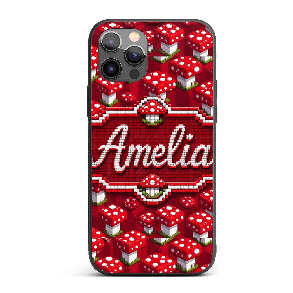 Red White Mushroom Pixel Art Seamless Pattern Custom Name Protective Phone Case Mobile Cover Durable Everyday Smartphone Shock Resistant