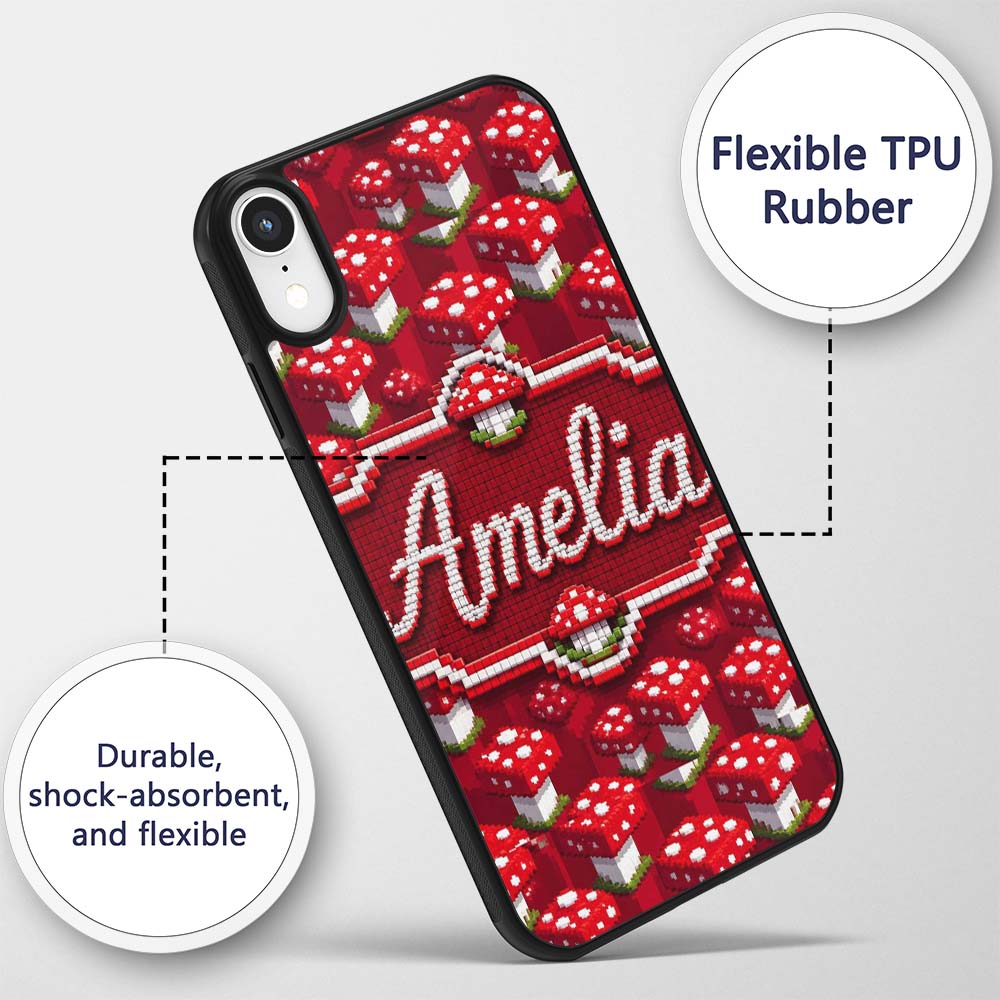 Red White Mushroom Pixel Art Seamless Pattern Custom Name Protective Phone Case Mobile Cover Durable Everyday Smartphone Shock Resistant