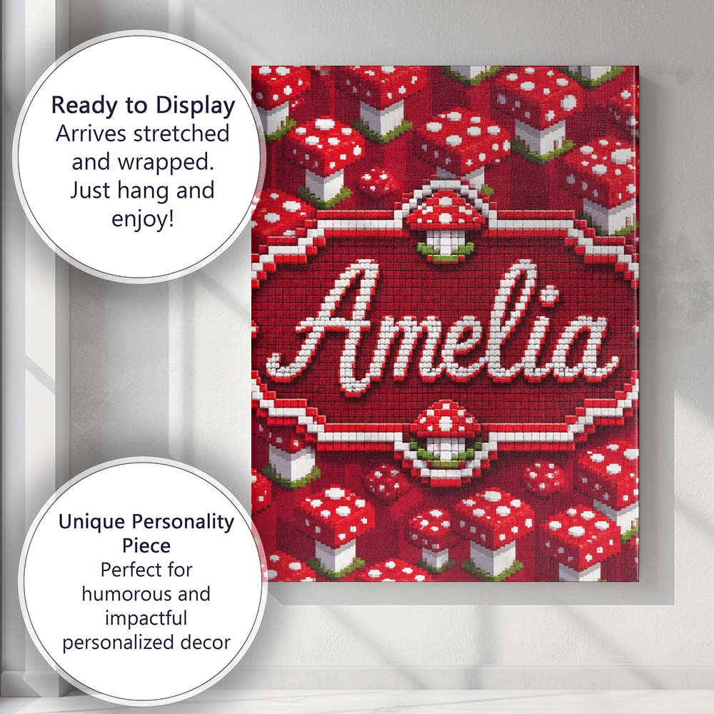 Personalised Name Red White Mushroom Pixel Custom Unique Gift Idea Elegant Feature Canvas Wall Art Print Decor Picture Ready to Hang