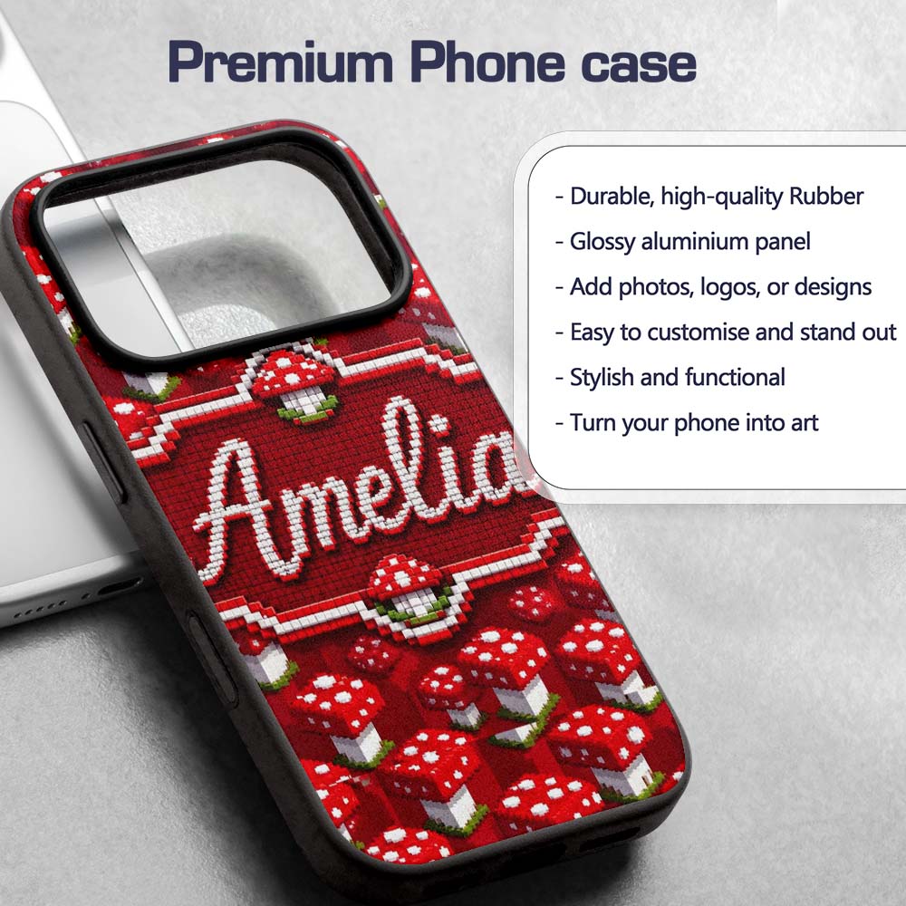 Red White Mushroom Pixel Art Seamless Pattern Custom Name Protective Phone Case Mobile Cover Durable Everyday Smartphone Shock Resistant