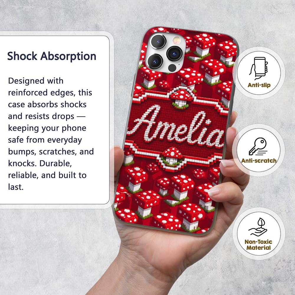 Red White Mushroom Pixel Art Seamless Pattern Custom Name Protective Phone Case Mobile Cover Durable Everyday Smartphone Shock Resistant