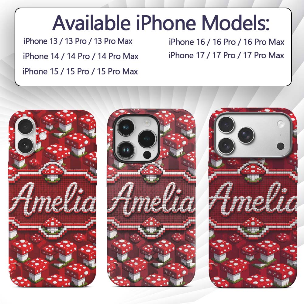 Red White Mushroom Pixel Art Seamless Pattern Custom Name Protective Phone Case Mobile Cover Durable Everyday Smartphone Shock Resistant