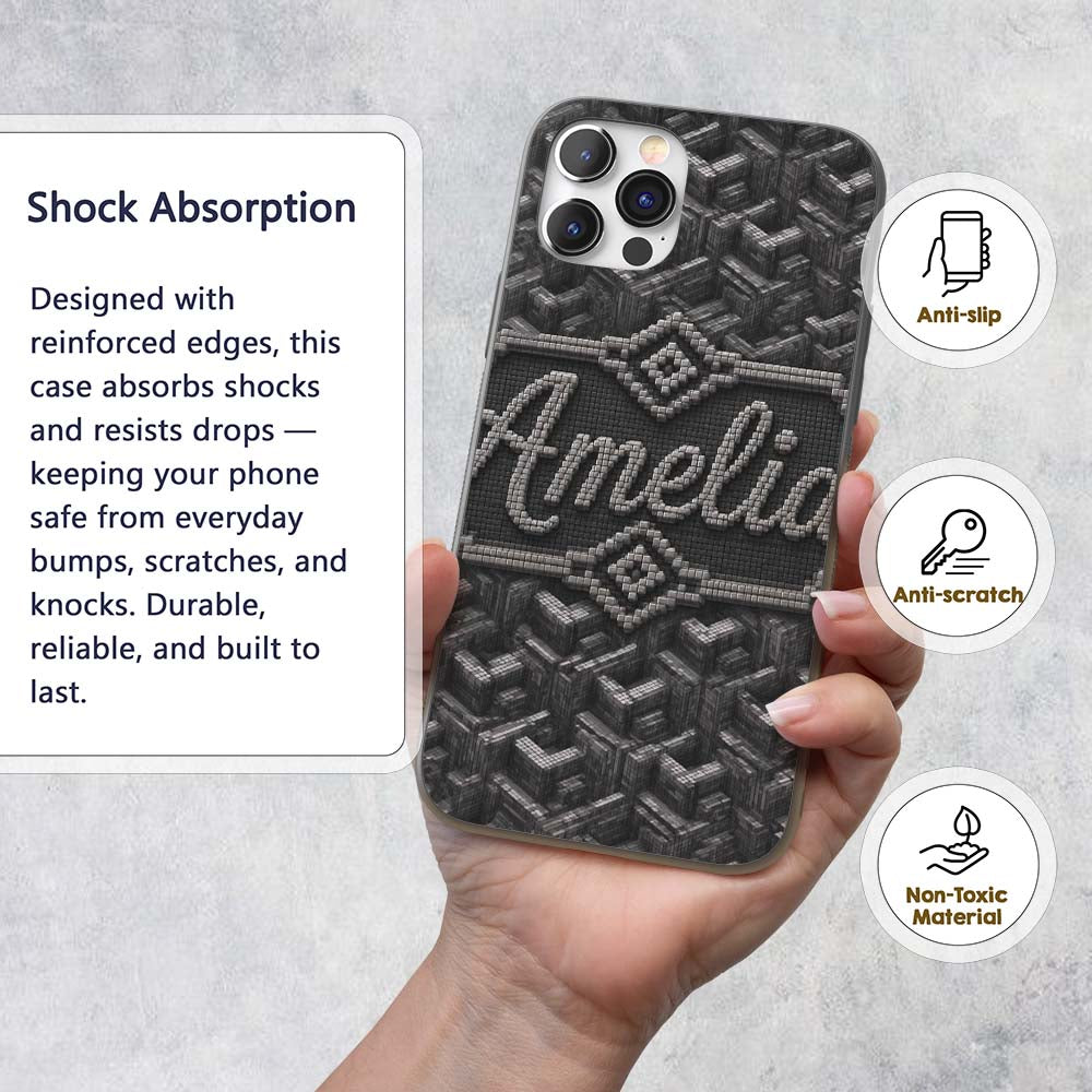 Grey Industrial Cube Texture Abstract Seamless Custom Name Protective Phone Case Mobile Cover Durable Everyday Smartphone Shock Resistant