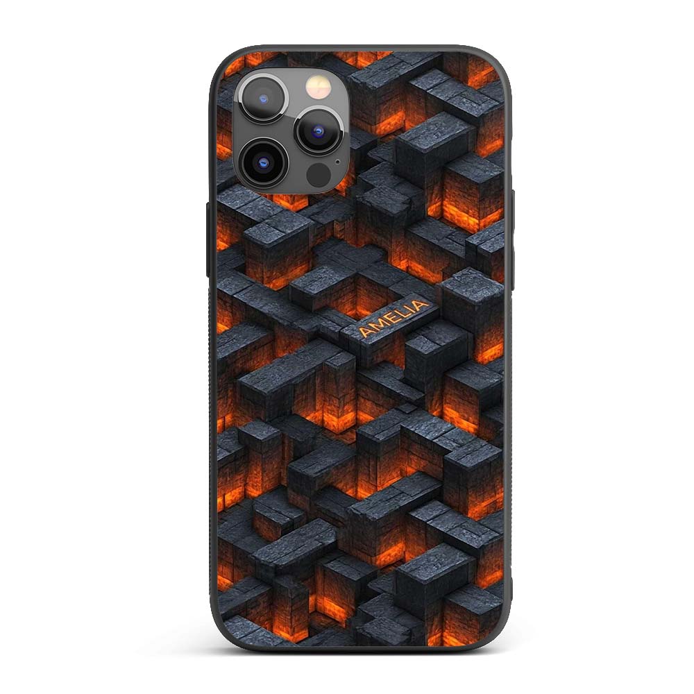 Dark Stone Lava Glow Cube Abstract Printed Design Custom Name Protective Phone Case Mobile Cover Durable Everyday Smartphone Shock Resistant