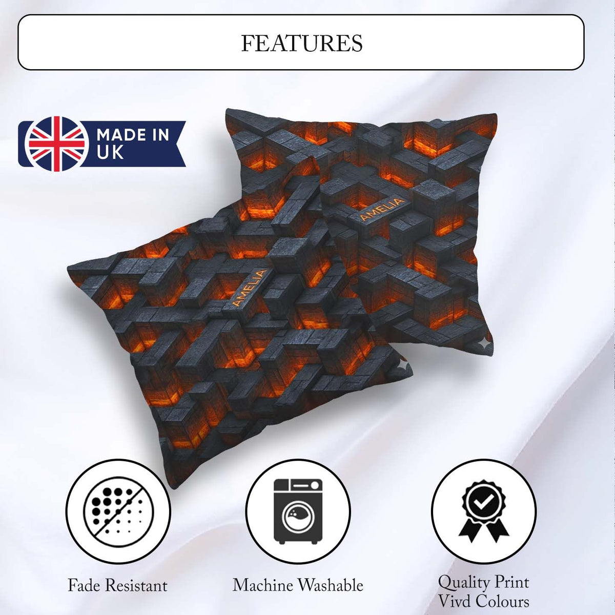 Custom Name Dark Stone Lava Glow Cube Abstract Seamless Pattern Square Filled Cushion Throw Pillow Sofa Bed Home Decor Zip Washable UK Made