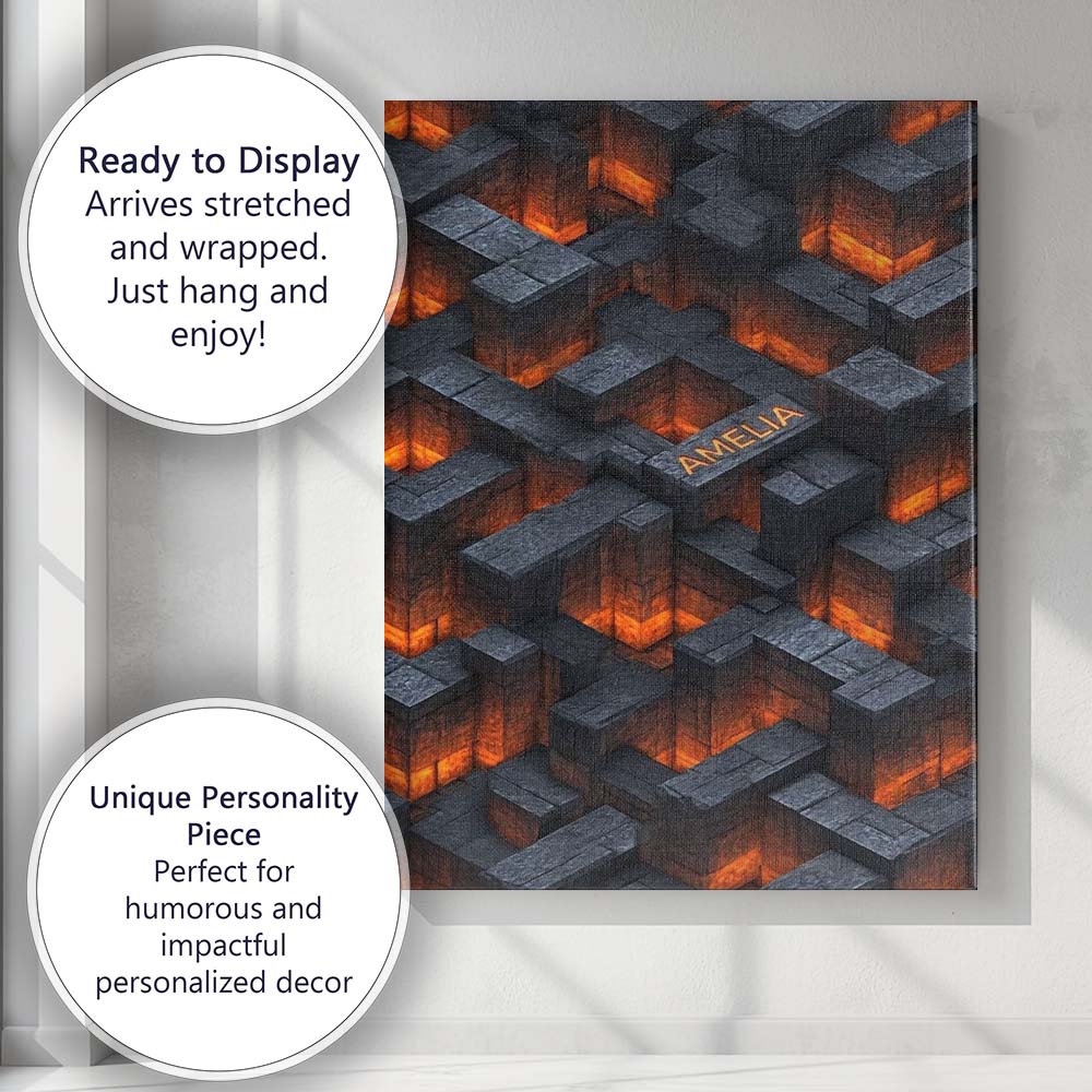 Personalised Name Dark Stone Lava Glow Cube Custom Bespoke Interior Contemporary Canvas Wall Art Print Decor Picture Ready to Hang