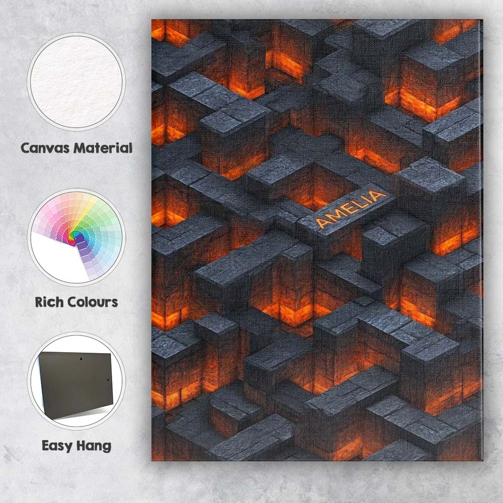 Personalised Name Dark Stone Lava Glow Cube Custom Bespoke Interior Contemporary Canvas Wall Art Print Decor Picture Ready to Hang