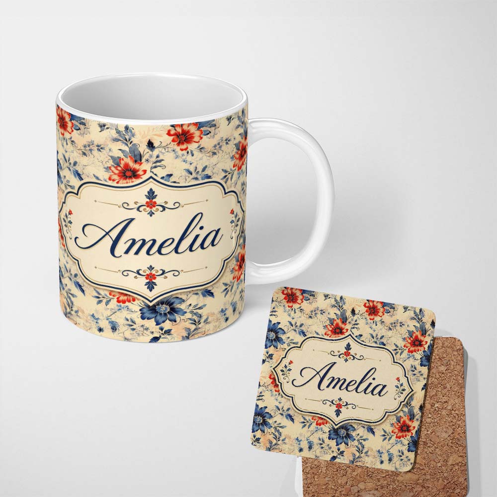 Personalized Custom Name Blue Red Botanical Floral Vintage Seamless Pattern Cute Unique Gift 11oz Ceramic Coffee Tea Mug White Large Handle