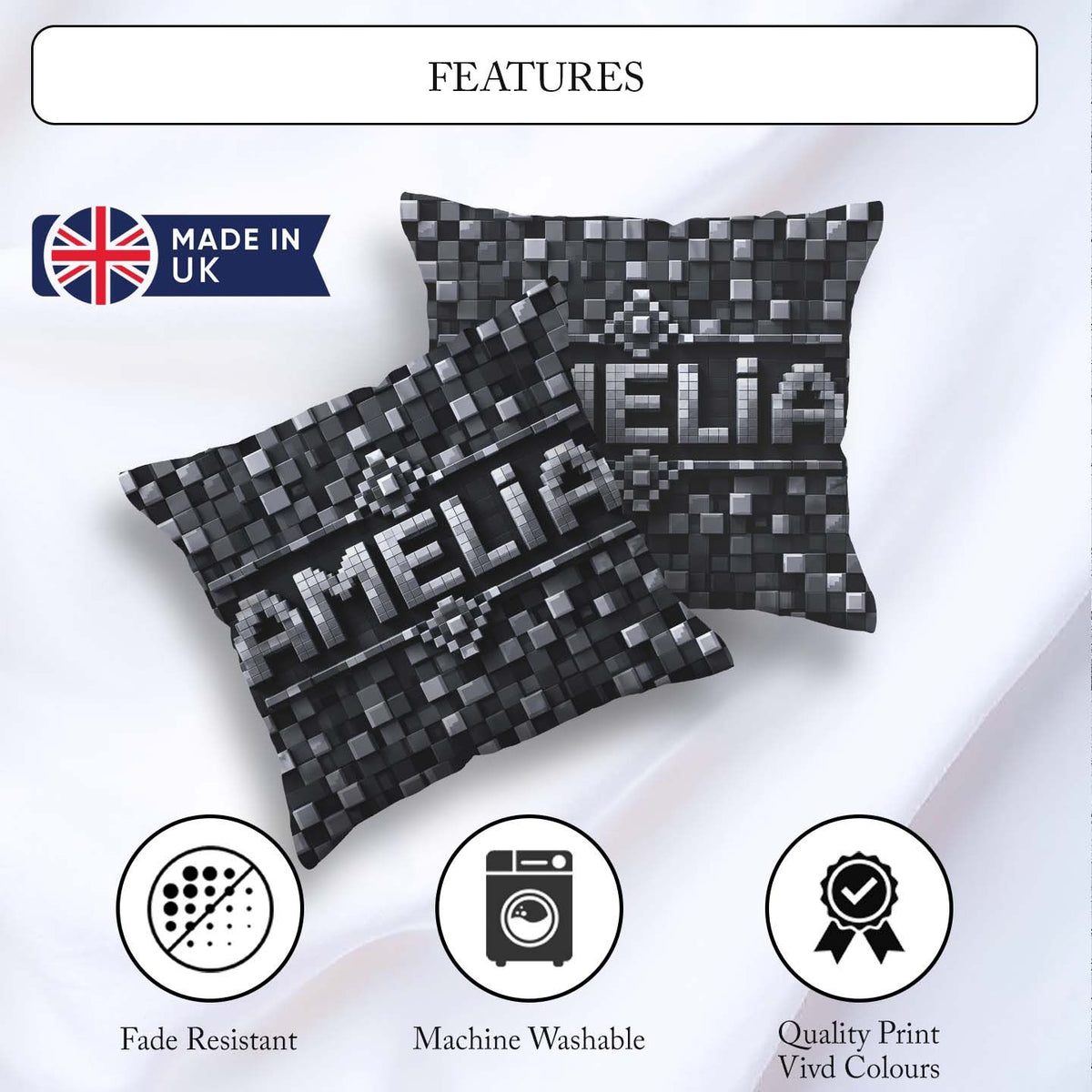 Custom Name Monochrome Grey Pixel Block Abstract Seamless Lovely Square Filled Cushion Throw Pillow Sofa Bed Home Decor Zip Washable UK Made