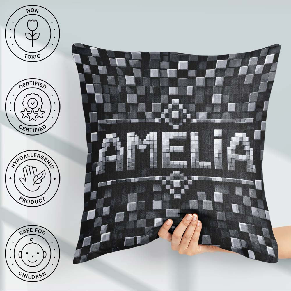 Custom Name Monochrome Grey Pixel Block Abstract Seamless Lovely Square Filled Cushion Throw Pillow Sofa Bed Home Decor Zip Washable UK Made