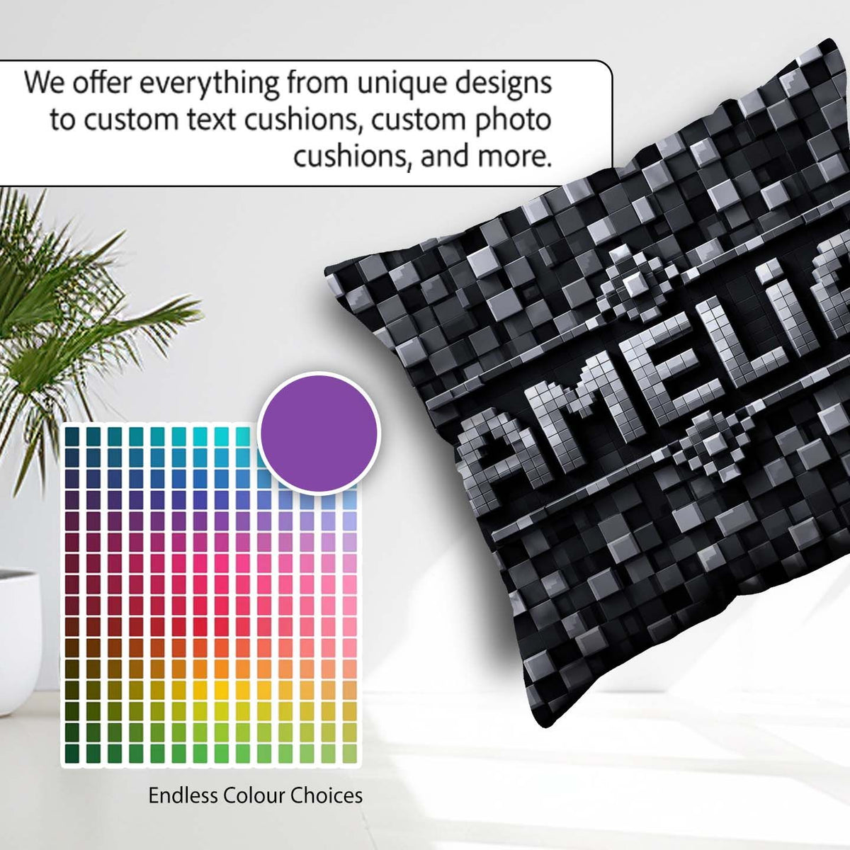 Custom Name Monochrome Grey Pixel Block Abstract Seamless Lovely Square Filled Cushion Throw Pillow Sofa Bed Home Decor Zip Washable UK Made