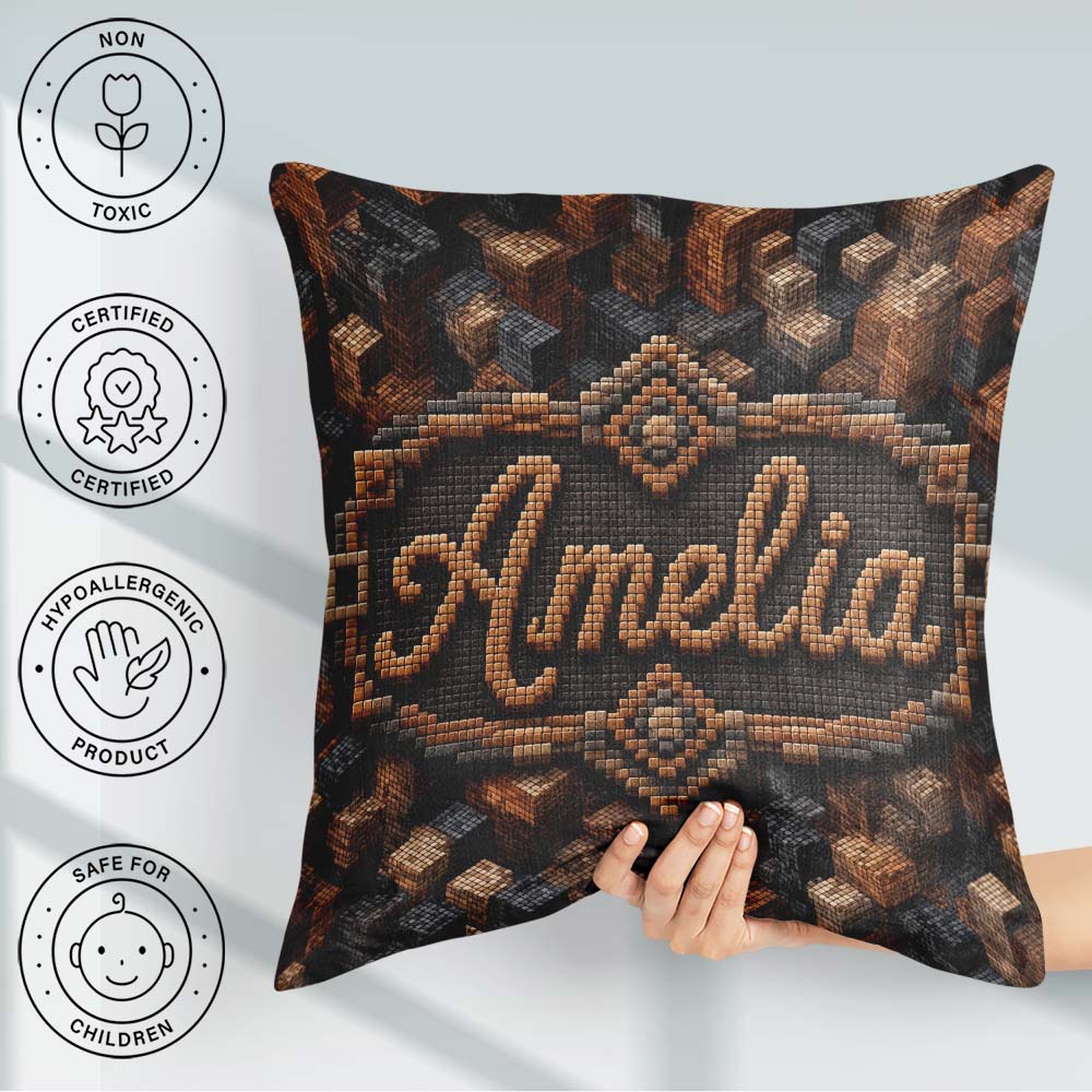 Custom Name Brown Grey 3D Block Terrain Abstract Seamless Lovely Square Filled Cushion Throw Pillow Sofa Bed Home Decor Zip Washable UK Made