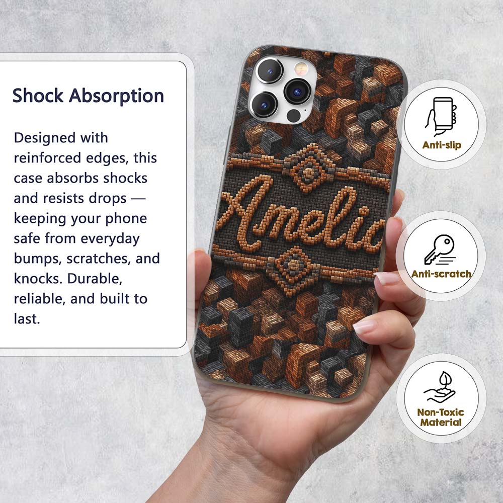 Brown Grey 3D Block Terrain Abstract Seamless Custom Name Protective Phone Case Mobile Cover Durable Everyday Smartphone Shock Resistant